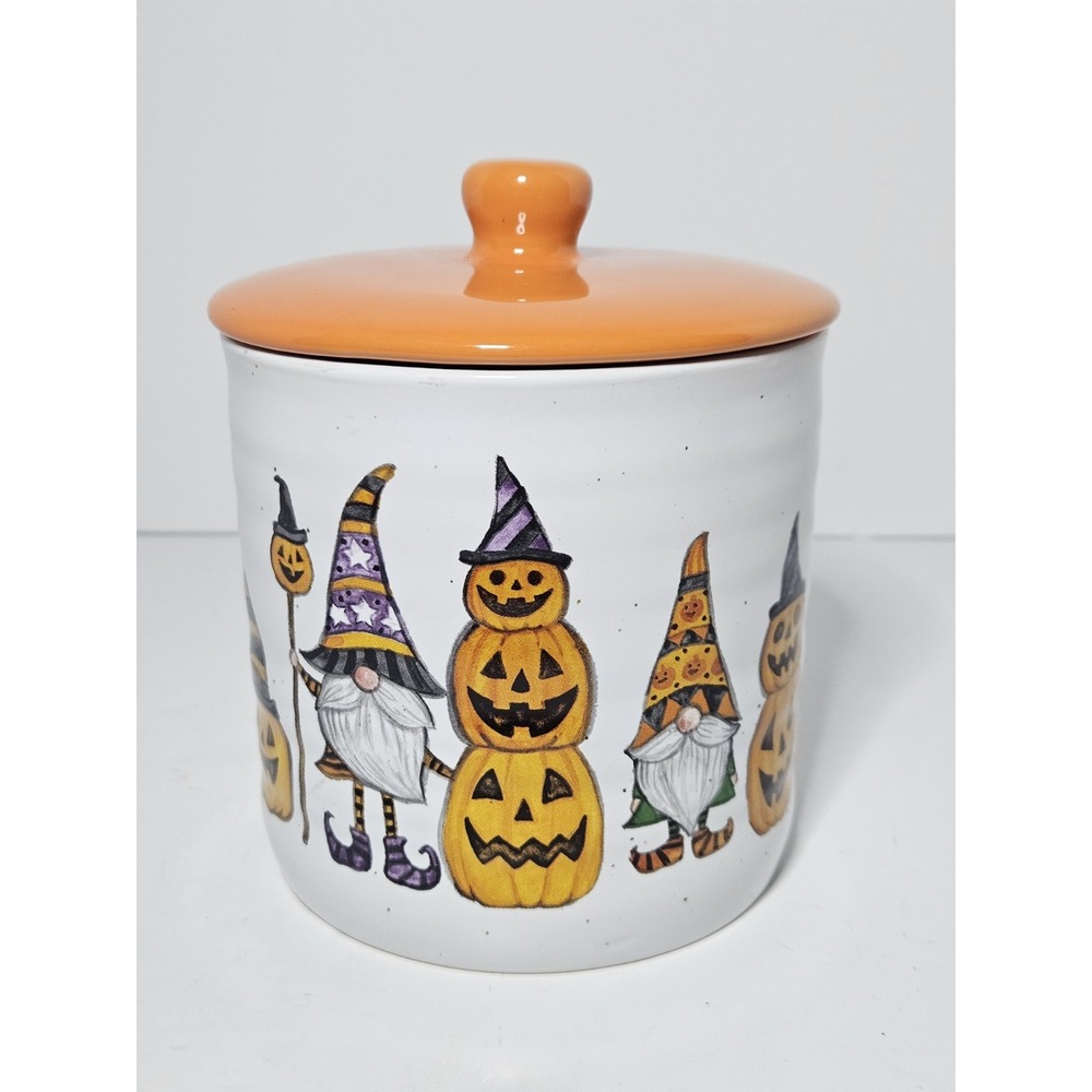 Cobwebs And Cauldrons Halloween Gnome Pumpkin Ceramic Canister Cookie Jar Orange